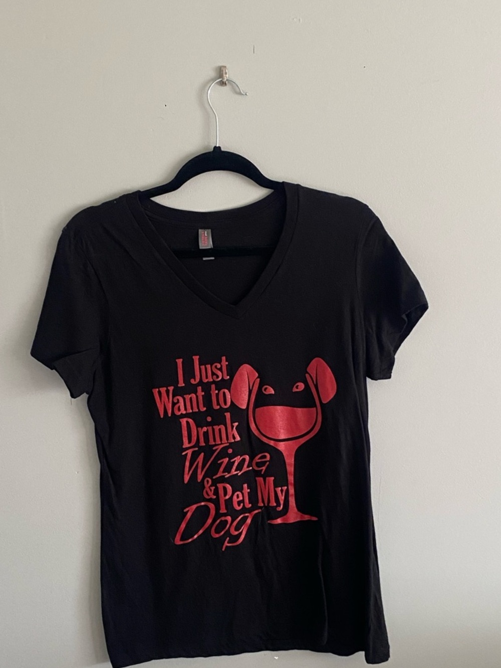 Black V-Neck Graphic Tee with Red Wine & Dog Print